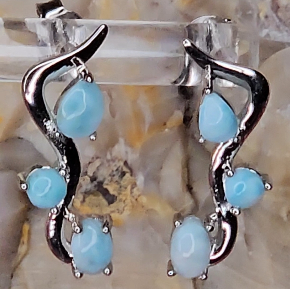 Sterling Silver and LARIMAR earrings, Triple stone Blue Gemstone Jewelry, Gift